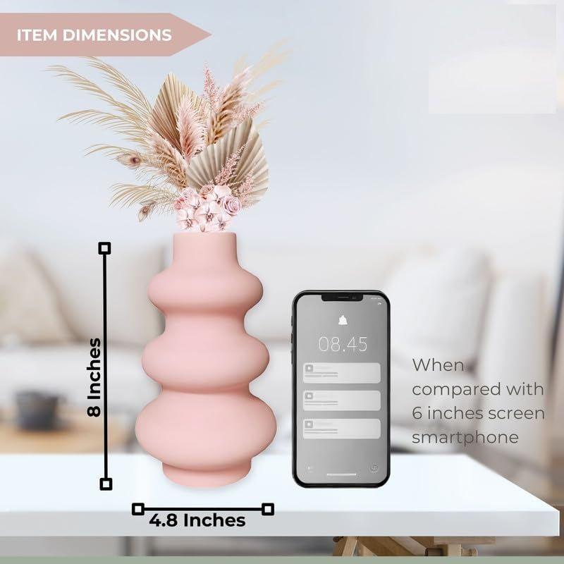 Керамическая ваза «Baby Pink Triple Ring» 8 дюймов — набор из 2 шт. | Декоративная ваза с тремя кольцами для сухоцветов и пампасной травы | Вазы для домашнего декора
