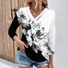 Womens 3/4 Sleeve Daily Weekend V Neck Casual Printed Tshirts Loose Fit Pleated Tees Ladies Blouse