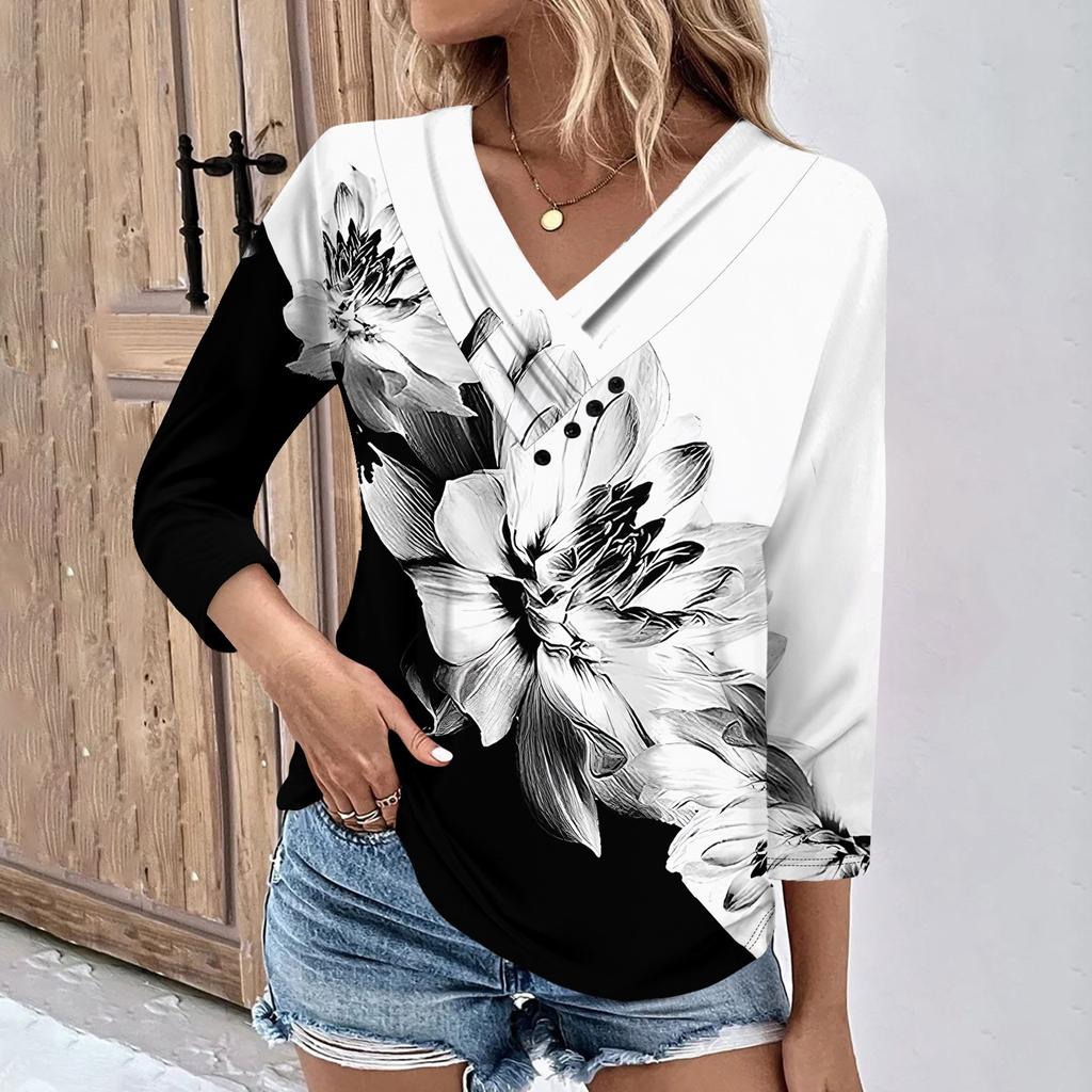 Womens 3/4 Sleeve Daily Weekend V Neck Casual Printed Tshirts Loose Fit Pleated Tees Ladies Blouse