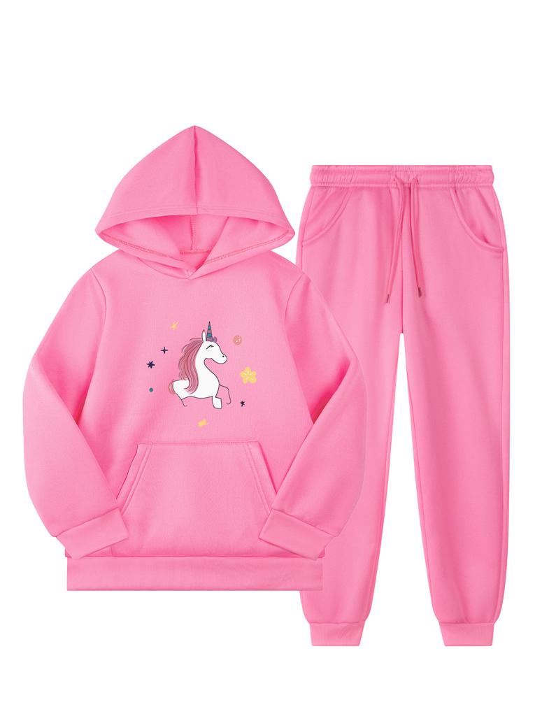 Новый модный комплект из 2 предметов для девочек, свитер с капюшоном и спортивные штаны с принтом мультяшного единорога, повседневная теплая спортивная одежда на флисовой подкладке для осени/зимы