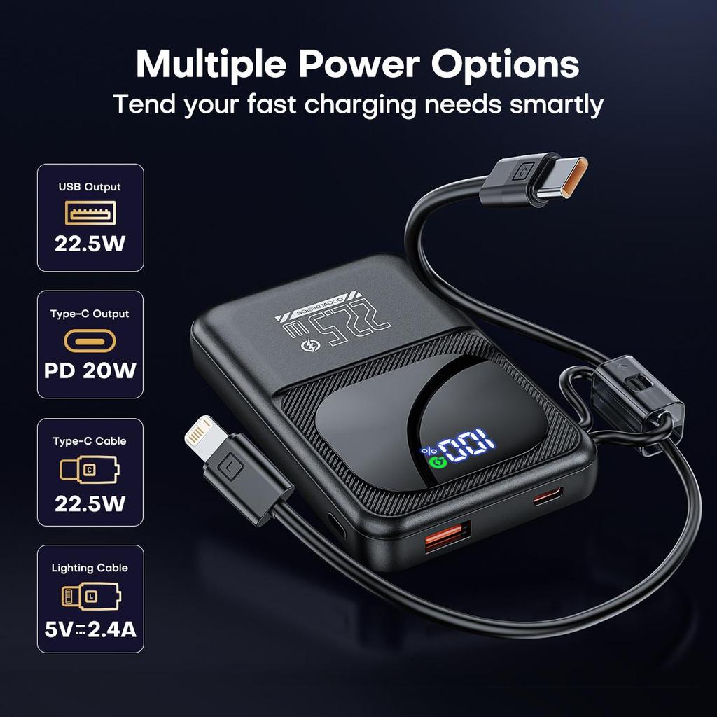 QOOVI Powerbank Ultra-Slim 10000 мАч встроенный кабель 22,5 Вт быстрая зарядка портативный внешний аккумулятор для Samsung S23 Xiaomi iPhone