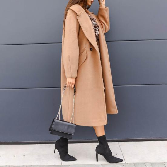 Women Oversize Coat Solid Color Double Breasted Turndown Collar Pockets Overcoat Office