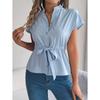 Spring Summer Women's Casual Solid Colour Button Drawstring Short Sleeve Shirt