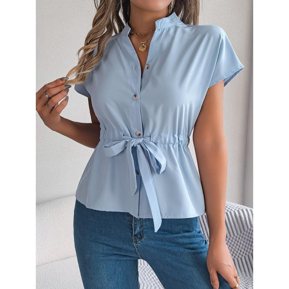 Spring Summer Women's Casual Solid Colour Button Drawstring Short Sleeve Shirt