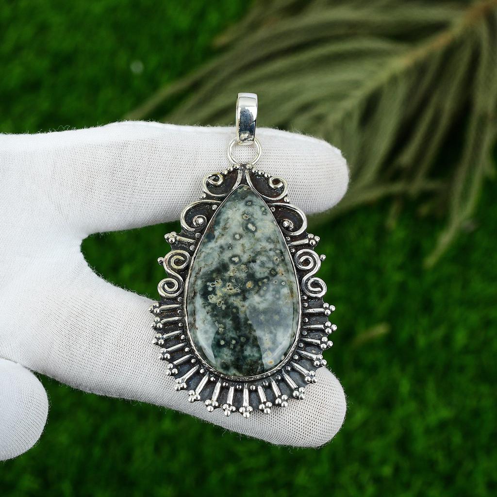 Sisters Day Sale Natural Ocean Jasper Bezel Birthday Pendant 925 Sterling Silver