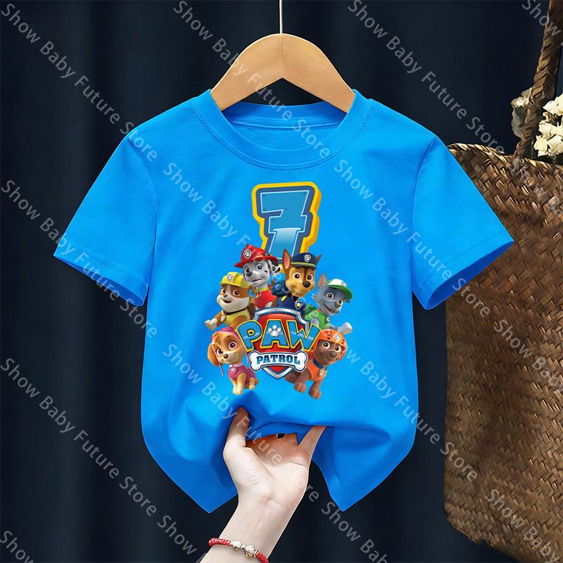 New Cartoon Summer T Shirt Paws Patrols Birthday Number Clothes for Boys Girls Cute Tops Fashion Kawaii Breathable Short Sleeve
