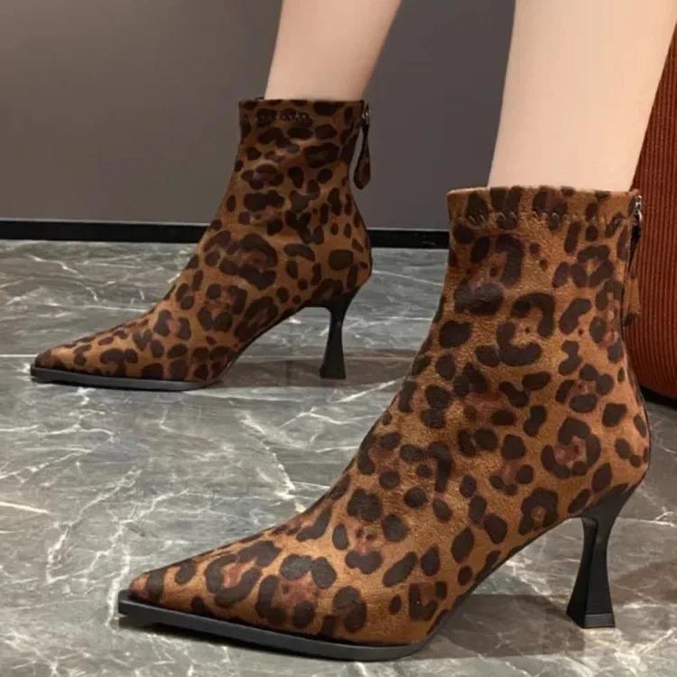 High Heels Ankle Boots Women Leopard Pointed Toe Shoes Winter New Trend Chelsea Snow Botas Pumps Fashion Sexy Zapatos Mujer