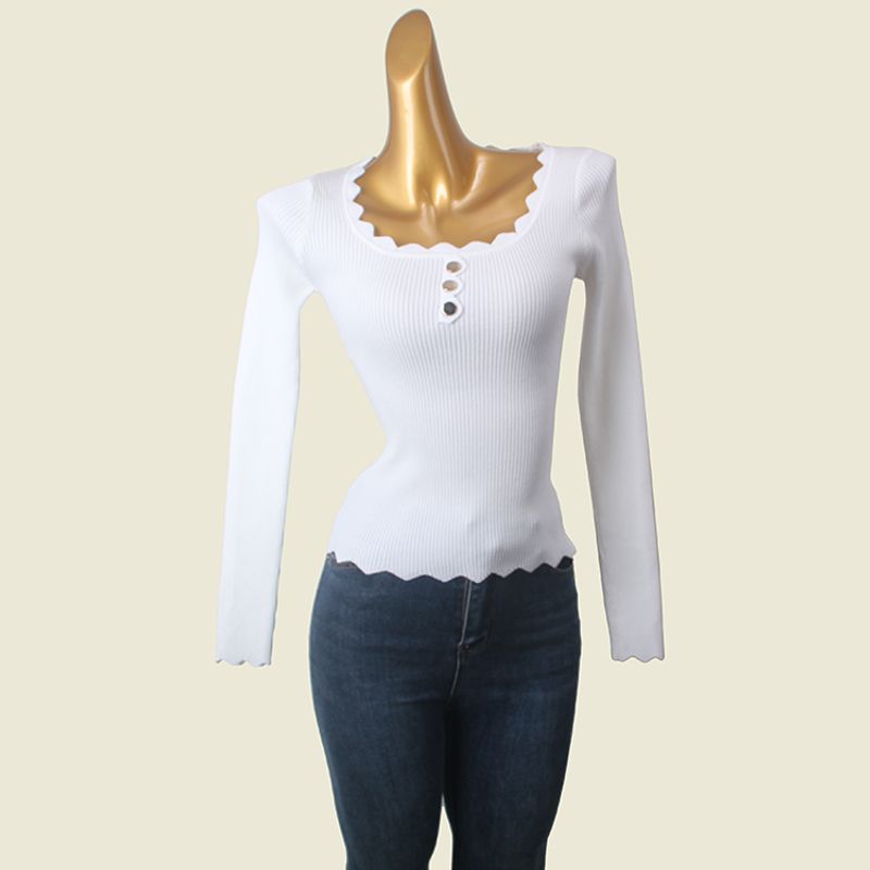 Collar Slim Fit Slimming Long Sleeves Bottoming Shirt Foreign Trade Original Order Sexy Metal Buckle Clavicle Beauty Autumn Knitted Inner Match