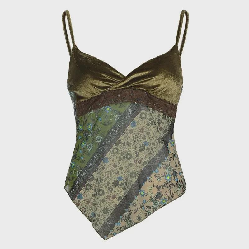 "2024 Summer All-Match Green Velvet Retro Camisole with Forest Print"