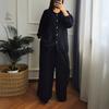 Women's Cotton Linen 2 Piece Outfit Casual Long Sleeve Button Down Drawstring Hem Blouse And Wide Leg Pants Lounge Set