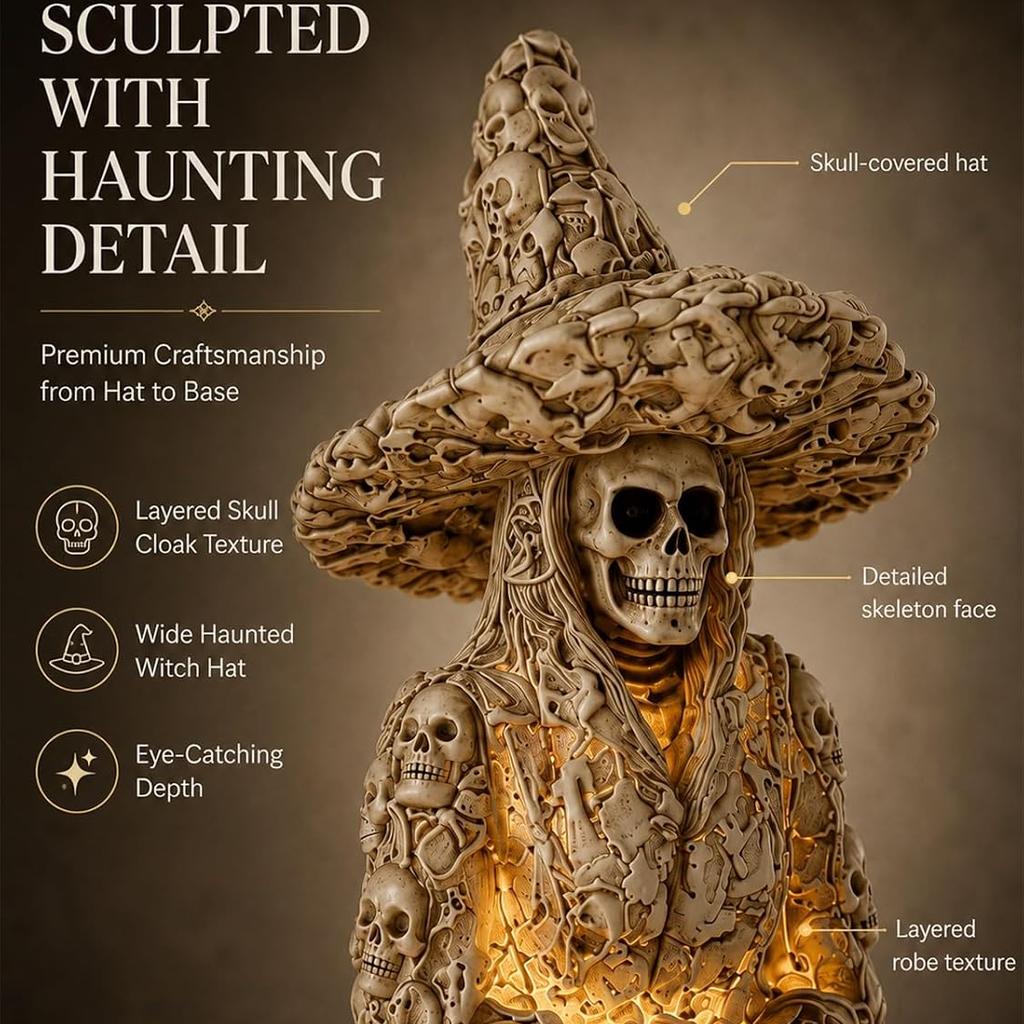 Warm Light Skeleton Witch Ornament Lantern USB Powered Glowing Skull Statue Haunted House Decor Cozy Gothic Room Decor For Halloween Mantel Display