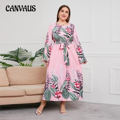 Весенне-осеннее женское платье больших размеров с цветочным принтом, платье средней длины, с длинными рукавами и завязкой на талии, тонкое модное длинное платье