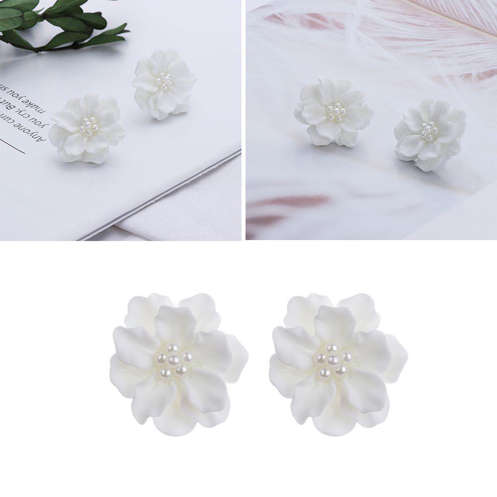 Bohemian Jewelry Inlay Beads Big White Flower Simulated Pearl Camellia Stud Earrings