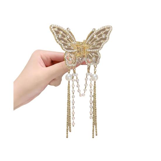 Hair Claw Long Fringe Faux Pearls Butterflies Decor Hair Clips Women Girls Hairstyles Home Outdoor Playing Hair Decoration