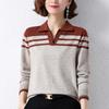 New Autumn Fashion Loose Versatile Polo Collar Panel Contrast Color Temperament Women's Knitted Long Sleeve Sweater