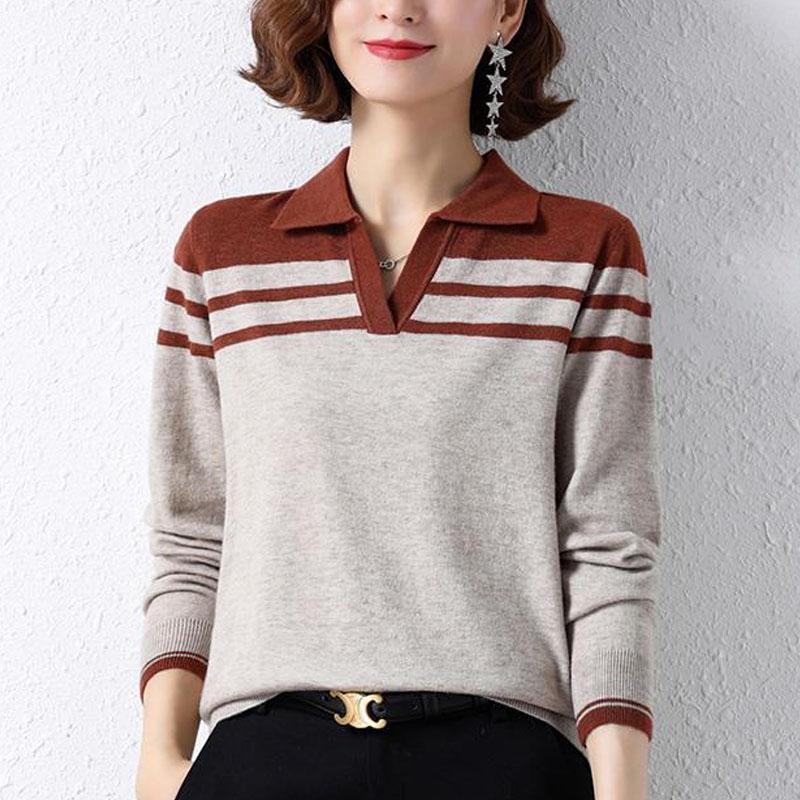 New Autumn Fashion Loose Versatile Polo Collar Panel Contrast Color Temperament Women's Knitted Long Sleeve Sweater