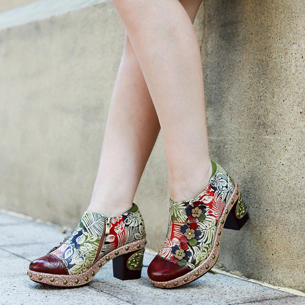 Винтажная женская обувь на высоких каблуках в стиле масляной живописи с цветочным рисунком, туфли без шнуровки из натуральной кожи в стиле ретро с круглым носком