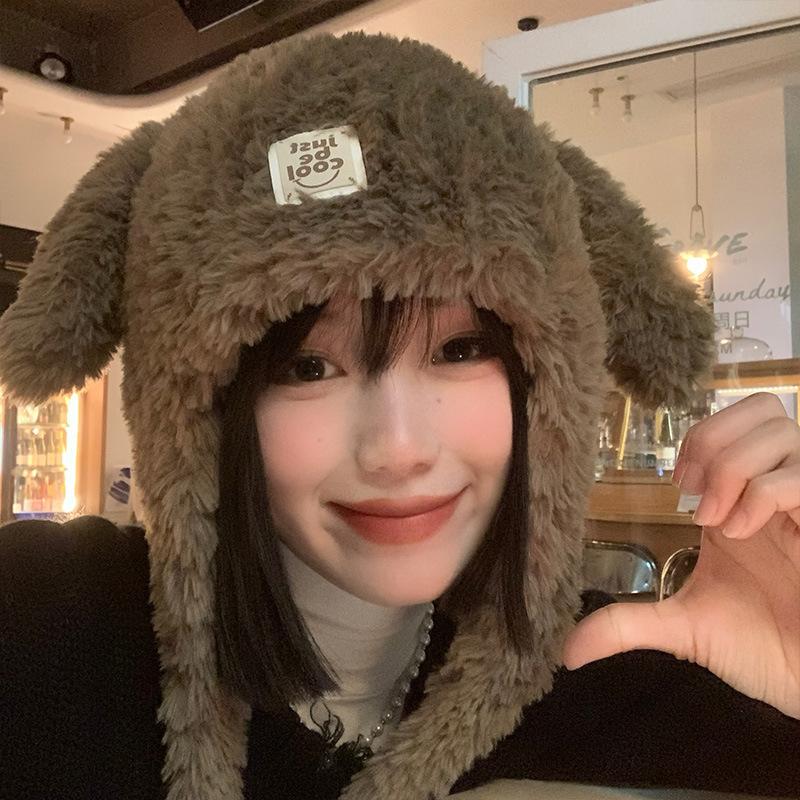 Rabbit Ears Knitted Plush Hat Women's Autumn and Winter Warm and Cold-proof Baotou Hat Versatile Ear Protector Lei Feng Hat Wool Hat