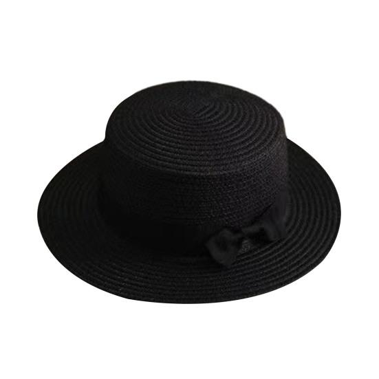 Beach Straw Hat Flat Top Wide Brim Sun Protection Hat with Black Ribbon Bow Hand-Woven Breathable