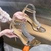 Golden Banquet Shoes Open-toed Sexy High Heels 2025 Summer Rhinestone Fashion Fashion Sandals Women's One-button Stiletto