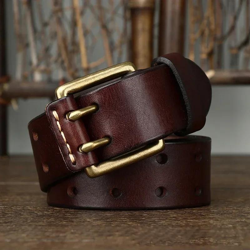 3,8 см телячья кожа натуральная латунная медная пряжка с двойной иглой роскошный толстый ремень высокого качества в стиле ретро для мужчин, дизайнерский ремень для джинсов