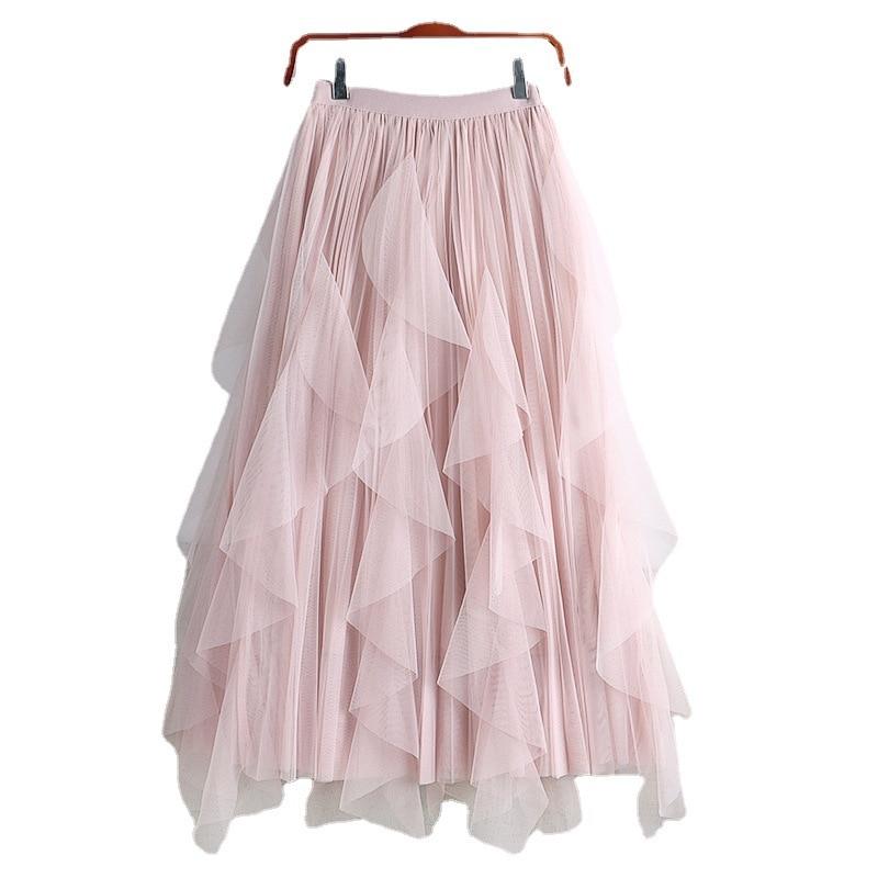 Qooth Summer Long Maxi Skirt Women FCute High-waisted Pleated Kawaii Tulle Skirt Mesh Gauze QT1240