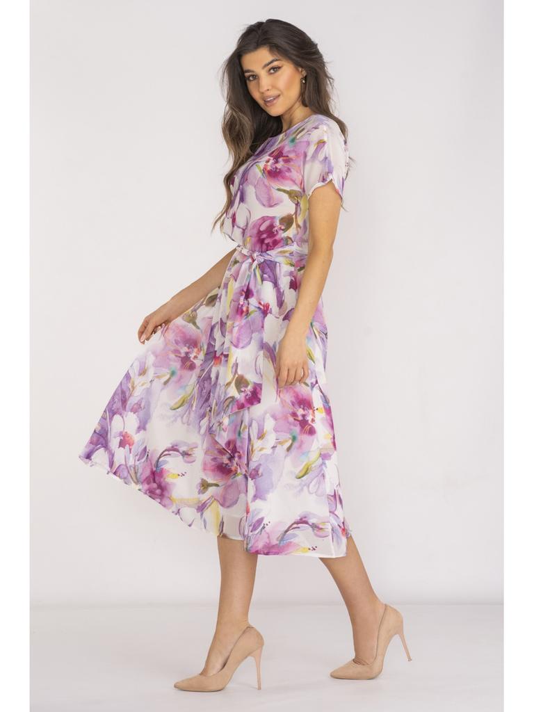 Kimono midi dress with short sleeves, purple flowers M