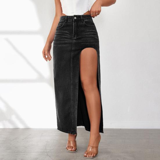 Женская макси-юбка с высокой талией и боковым разрезом, джинсовая юбка, сплошная цветная длинная юбка, на пуговицах, на молнии, юбка с карманами