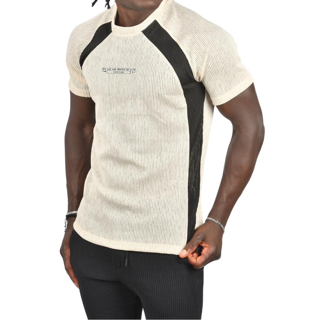 Облегающая футболка DeepSEA из лайкры в рубчик с боковыми полосками и надписью спереди 2403231