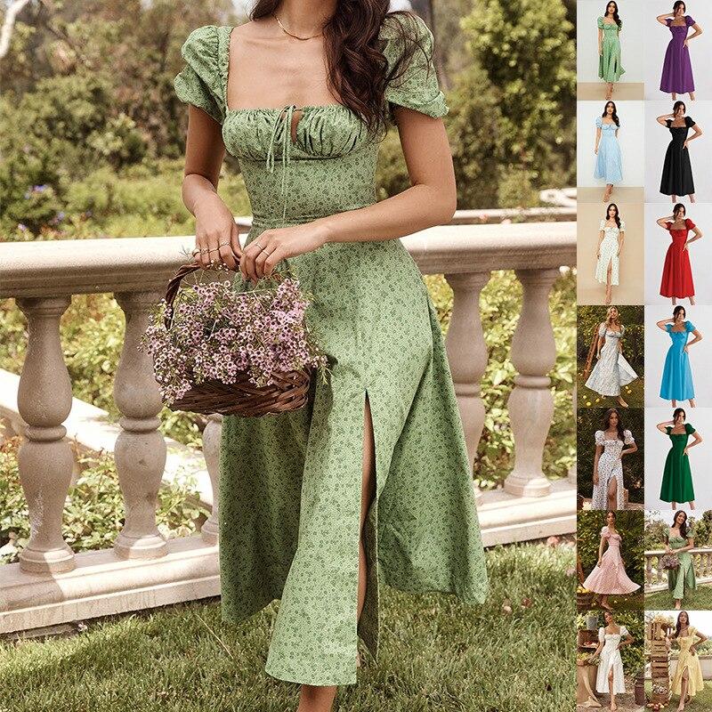Летнее платье с высокой талией и цветочным принтом на одно плечо, модное платье-фонарик с коротким рукавом и цветочным принтом, элегантное длинное платье со шнуровкой и разрезом 26212