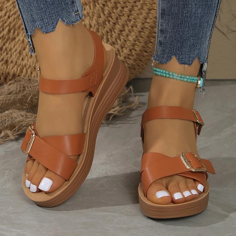 Fashion Buckle Design Wedge Platform Sandals Woman Ankle Strap Thick Bottom Sandles for Women Summer 2025 Non Slip Rome Sandalias Mujer