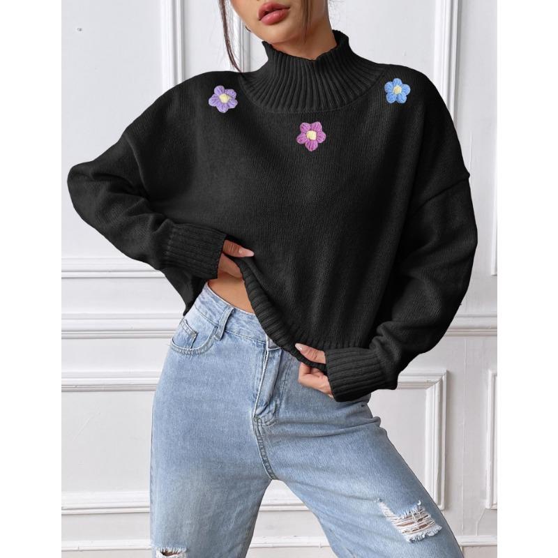 Женский короткий свитер с цветочным узором ручной вязки крючком на осень и зиму, повседневный свитер с высоким воротом