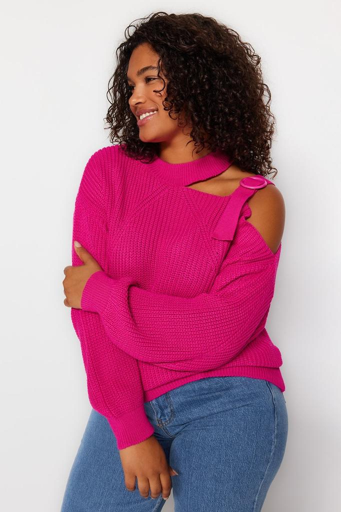 Women's Plus Size Sweater Fuchsia Window Cut Out Detailed Knitwear Sweater