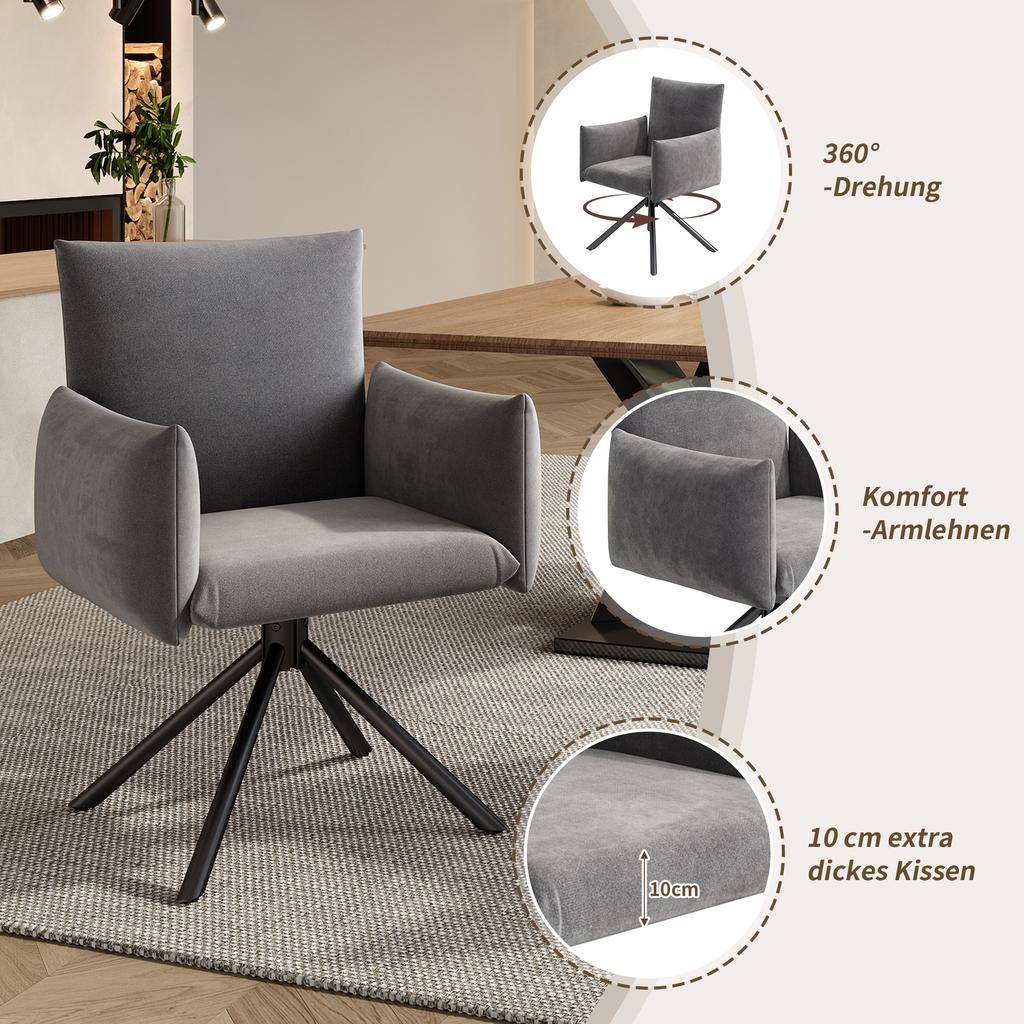 4 Dining Chairs Set, Upholstered Armchair with 4 Metal Legs, 360 degrees Swivel Chair, Living Room Bedroom Chair, Desk Chair, Lumbar Support, Velvet
