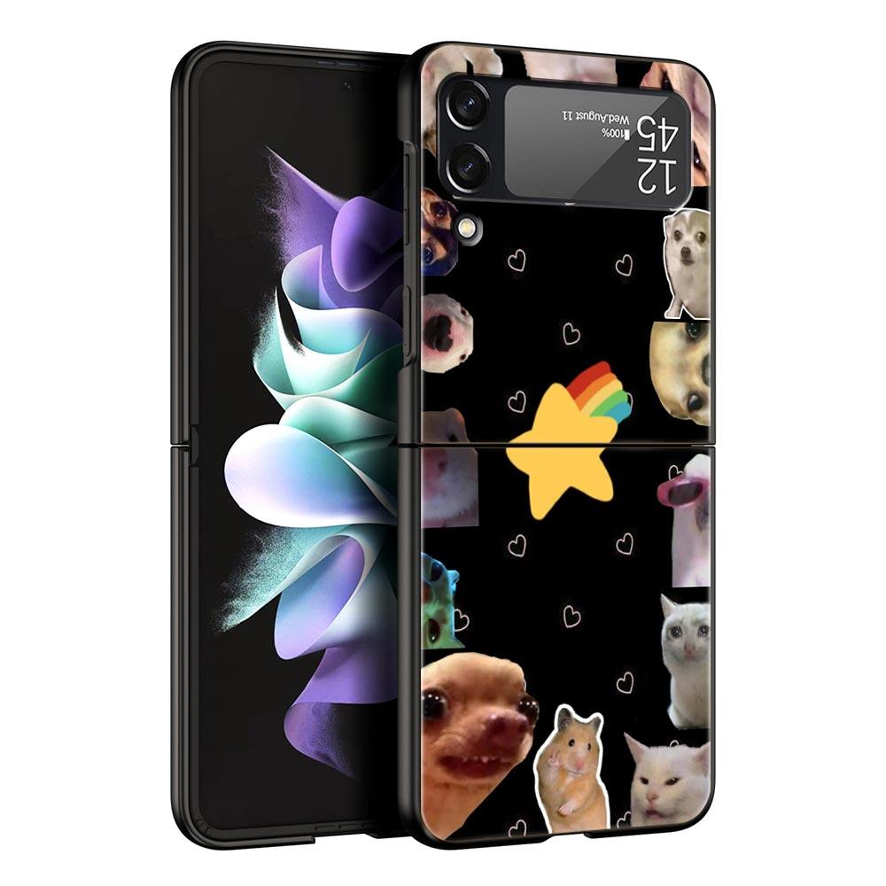 Z Flip 4 Phone Case for Samsung Galaxy Z Flip 3 5G ZFlip3 Flip3 Zflip Flip4 Black Hard Cover Cat Meme Funny Animals Shell Coque