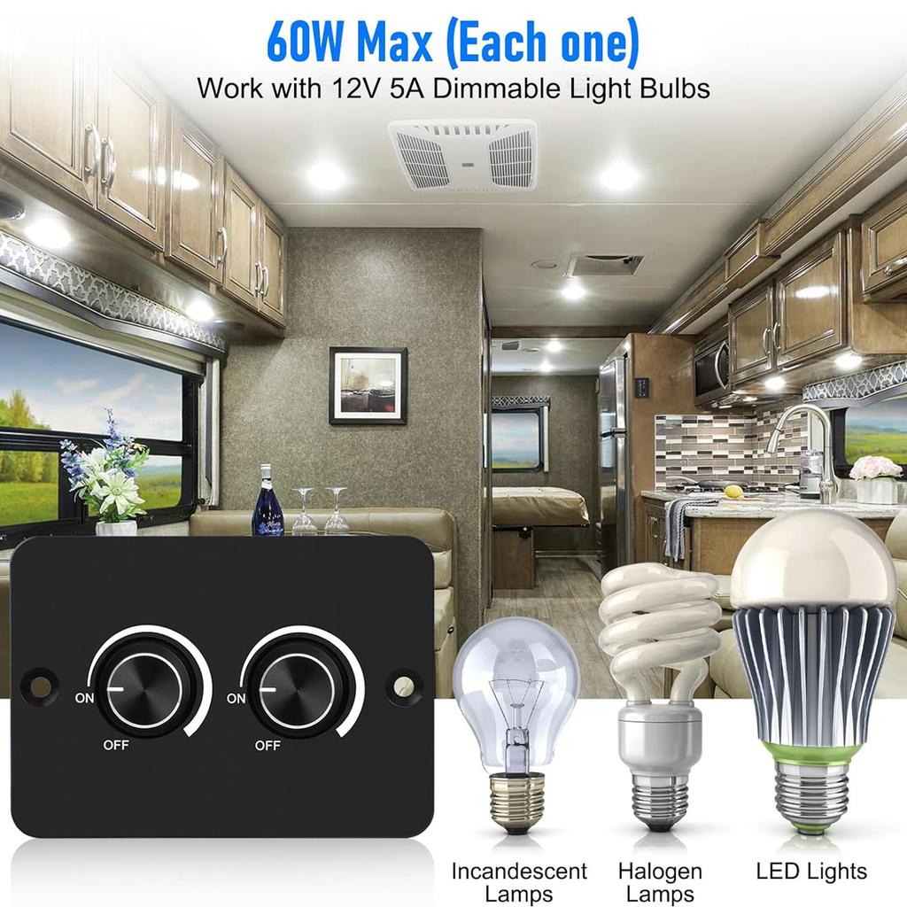 Compact Rotary Dimmer Switch Dual Knob LED Dimmer 60W Capacity Energy Efficient Car Van Installation For LED Lights