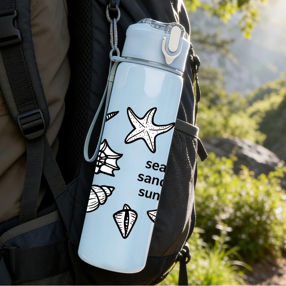1PC Seashell Starfish Sketch Pattern 750ml Color Plastic Sports Water Bottle Leakproof Flip Straw Lid Suitable for Sports Office Home Use