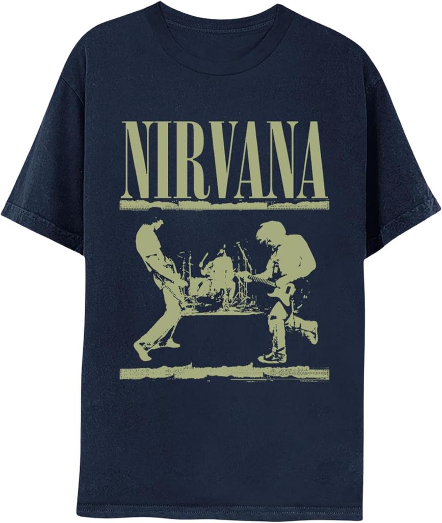 Логотип Nirvana Игра на сцене Взрослая темно-синяя футболка с коротким рукавом 90-е Музыка Винтажный стиль Графические футболки