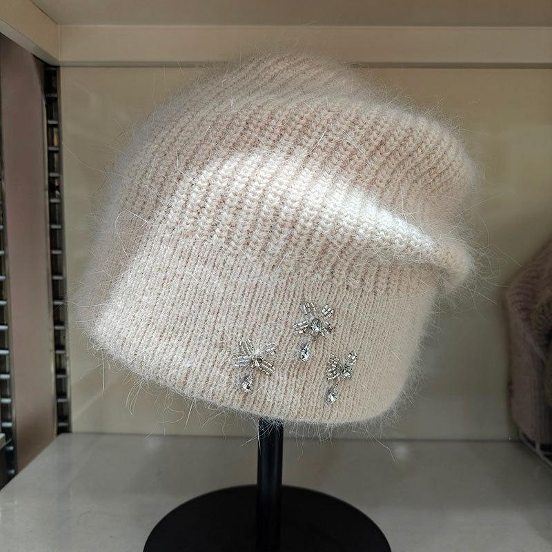 Double-layer warm mother hat, high-grade rhinestone decorative rabbit hair wool blended winter ear protection and cold-proof knitted hat