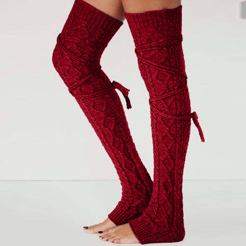 Женские шерстяные грелки для ног, осень/зима, однотонные чулки выше колена с завязками, средние носки, ворсовые носки