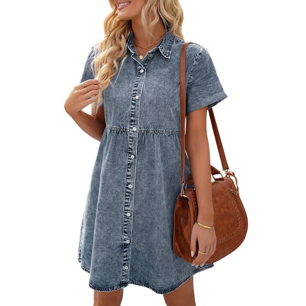 Fashion Womens Summer Sexy Button Cuff Short Sleeve High Waist Denim Dress