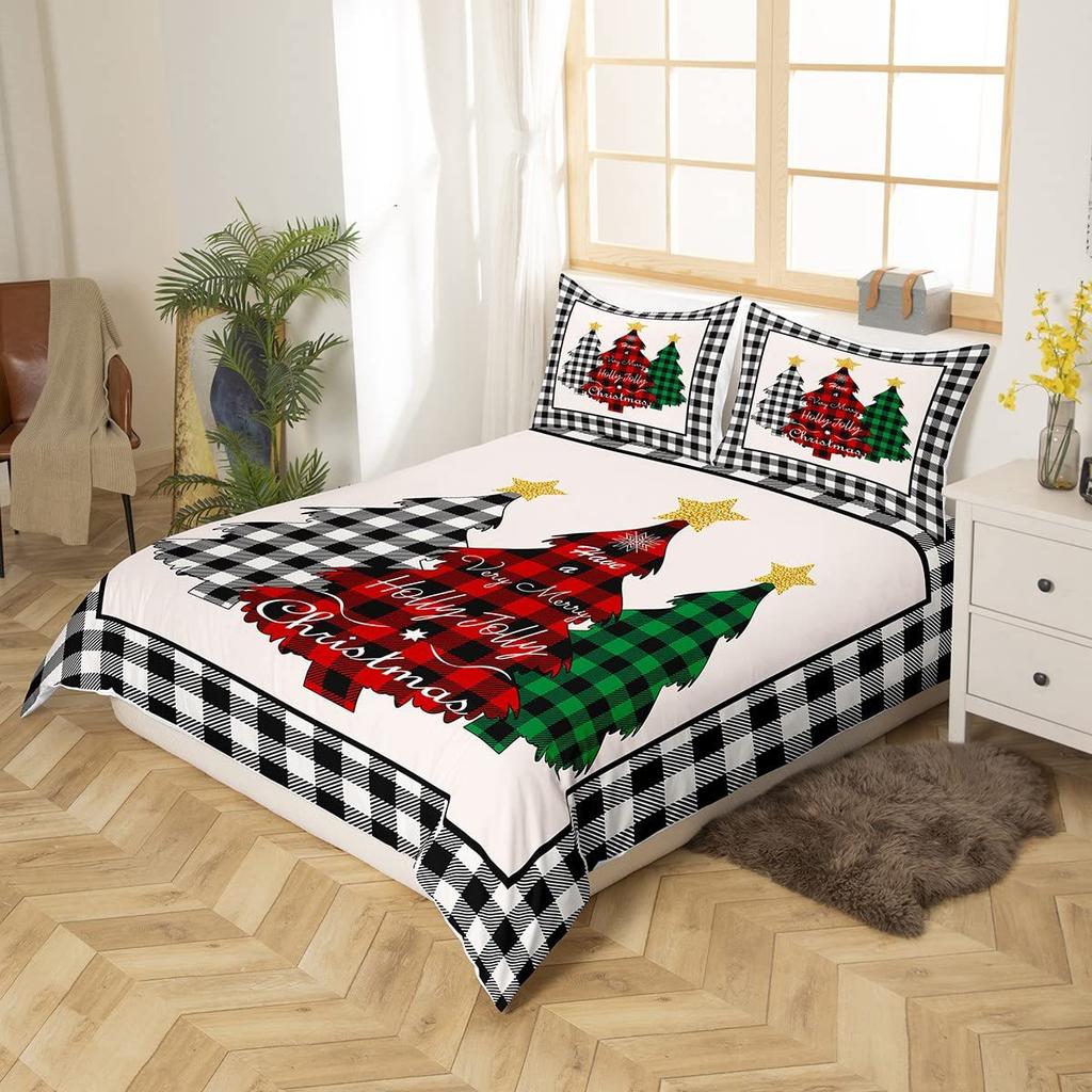 Geometric Grid Christmas Tree Three-Piece Digital Printed Bedding Set Bed Cover