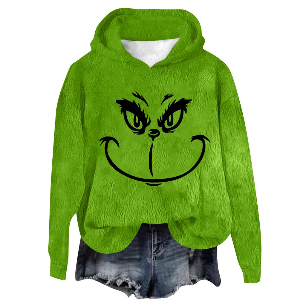 Women's Hooded Long Sleeve Christmas Printed Flannel Top Hooded Sweatshirt