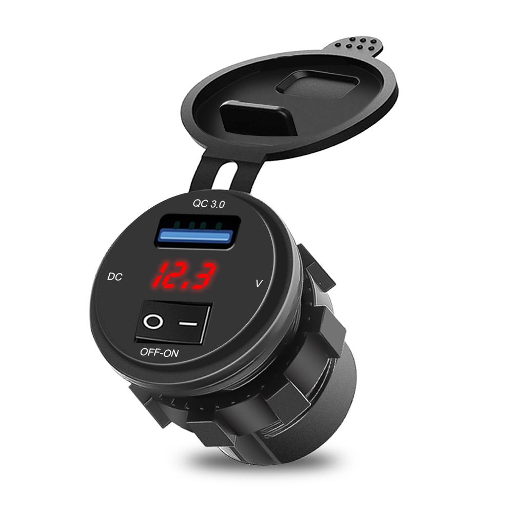 18W Car Phone Charger Socket with Digital Display Voltmeter QC 3.0 Fast Charger Adapter with ON-OFF Switch