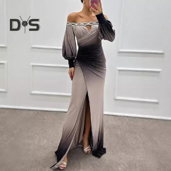 Женское вечернее платье с открытыми плечами, ажурное свадебное платье со стразами, обтягивающее плиссированное выпускное платье макси с длинными рукавами-фонариками, разрезом по низу, контрастный цветной шар