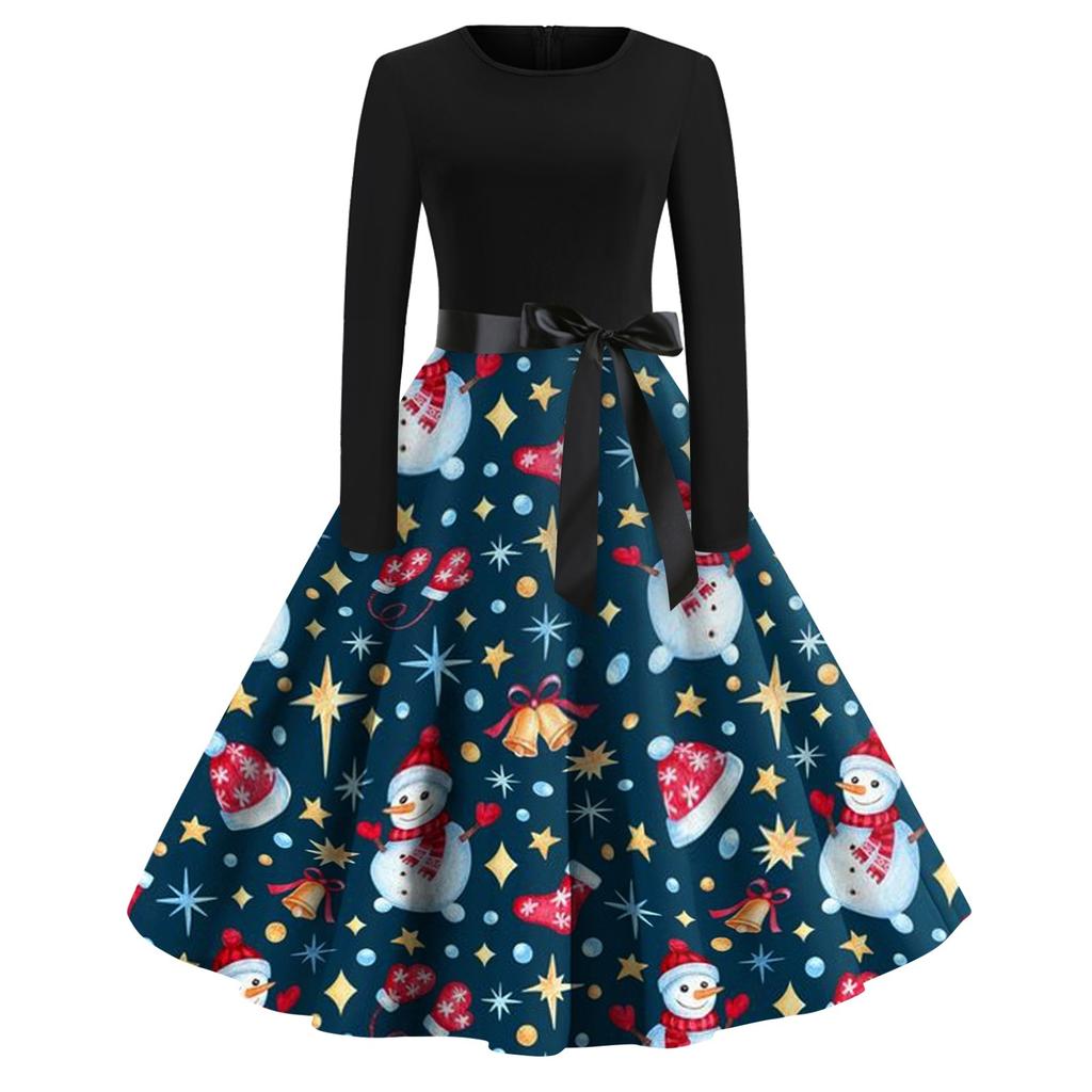 Women's Casual Fashion Round Neck Long Sleeve Christmas Printed Vintage Long Dress