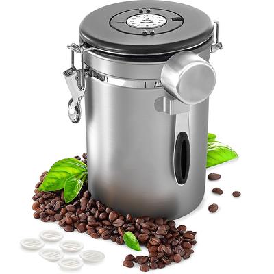 Герметичный контейнер для кофе из нержавеющей стали, контейнер для кофейной гущи и кофейных зерен с датировщиком, ложкой, фильтрами CO2-клапана, серебристый