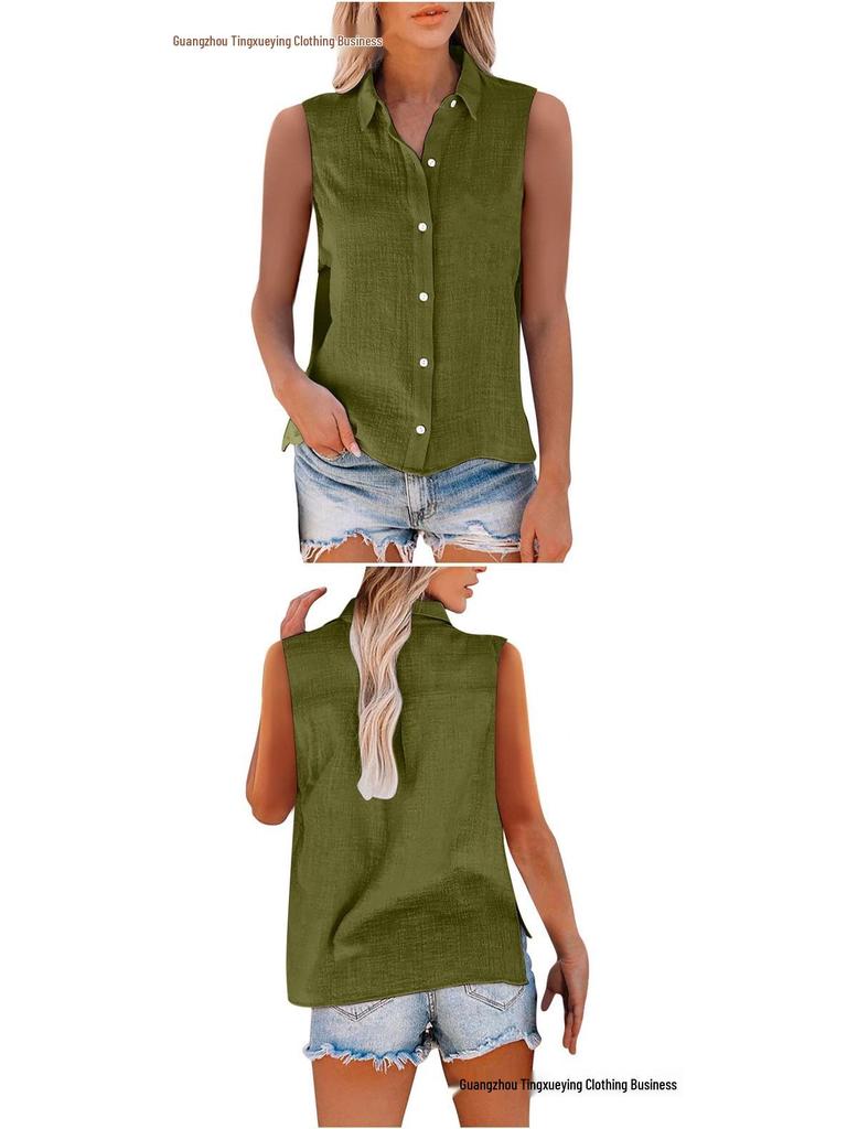 Летняя женская рубашка без рукавов с лацканами из хлопка и льна