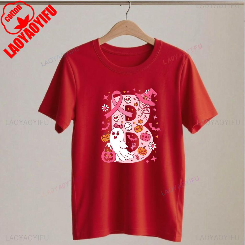 Breast Cancer Awareness Ghost Pink Ribbon Patchwork Halloween Hope Strength Faith Spooky Graphic T Shirts for WoUINISEX Harajuku