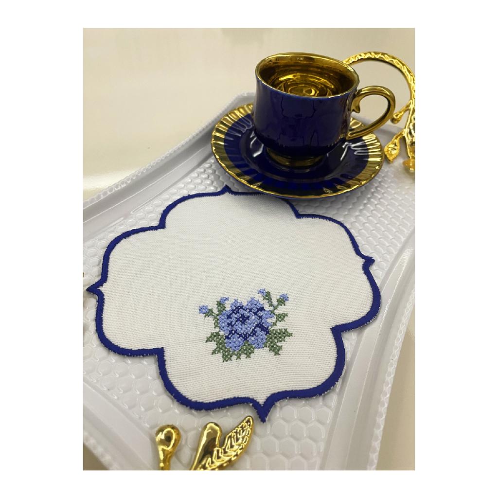 Льняная презентационная салфетка синего цвета с вышивкой крестиком, 6 предметов